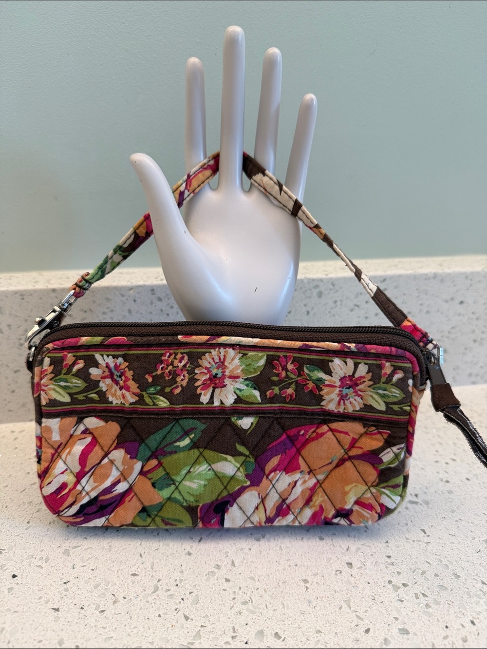 Vera Bradley Brown Floral Quilted Wristlet Convertible Clutch - English Rose